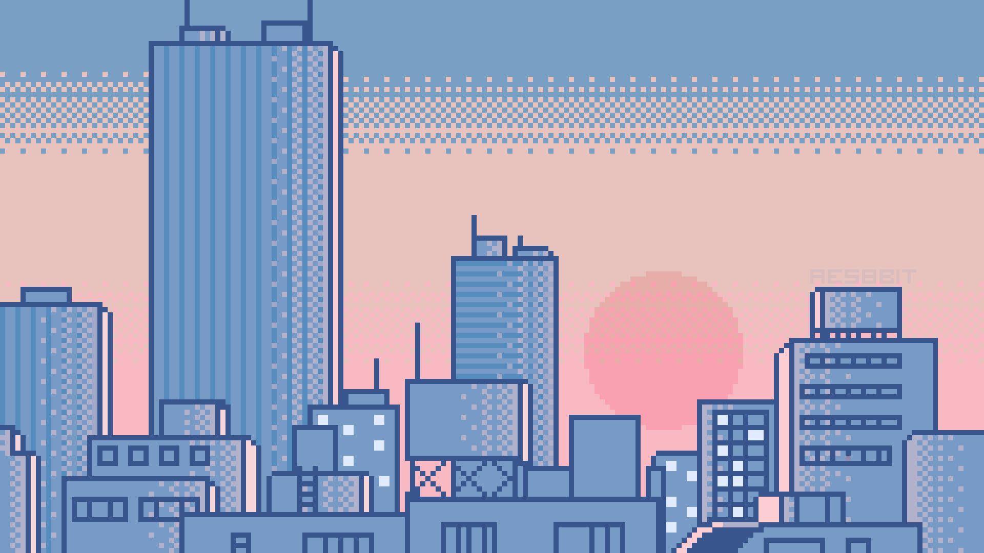Pixel art cityscape with a pink and blue color scheme - Pixel art