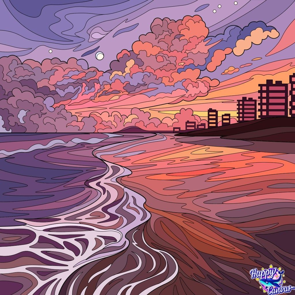Illustration of a beach sunset with the city in the background - Pixel art