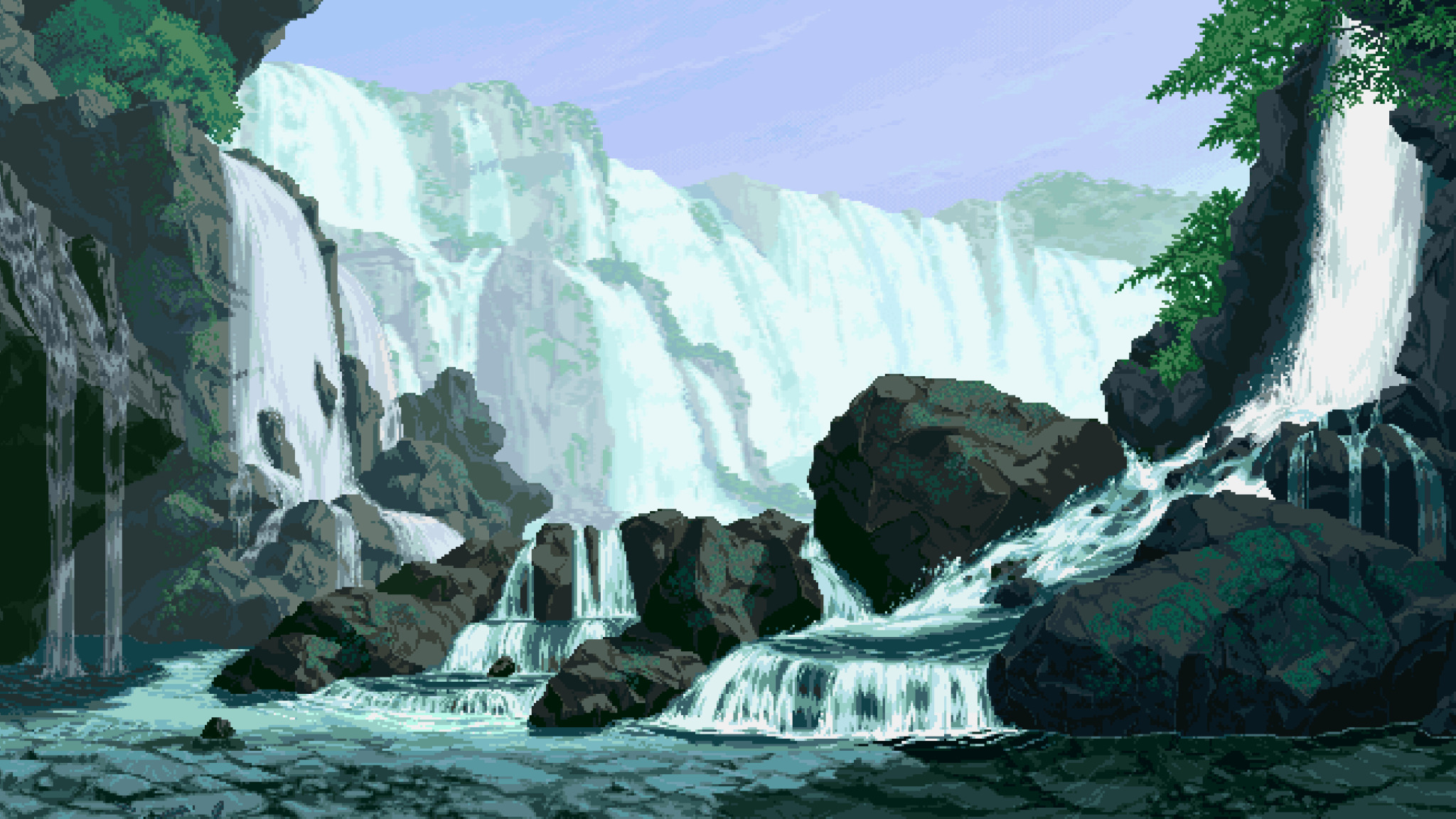 A pixel art image of a waterfall with a blue sky in the background. - Pixel art
