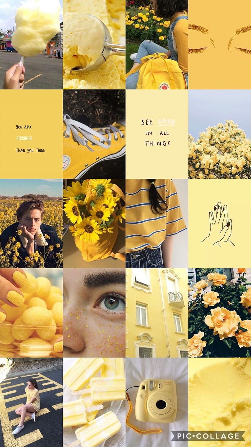 Aesthetic collage of yellow photos including flowers, a girl, and a boy. - Pastel yellow, Gemini