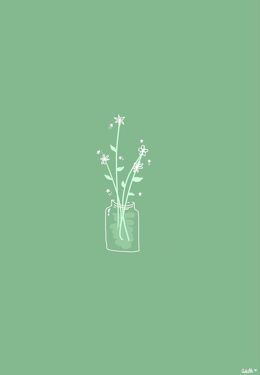 A vase of flowers on green background - Green, pastel green, pastel minimalist