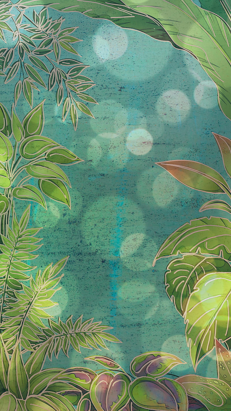A digital painting of a border of green tropical leaves on a green and blue background - Pastel green