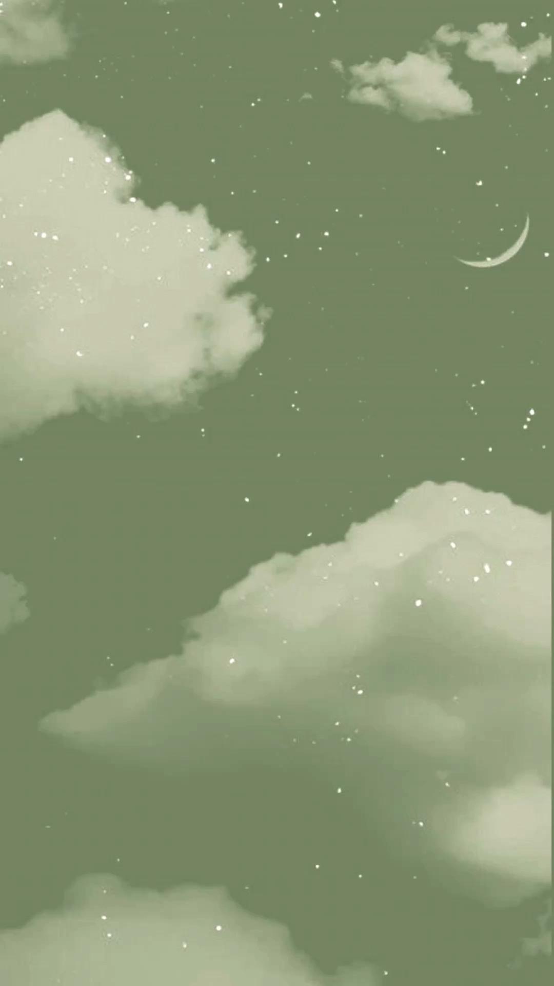 A green sky with clouds and stars - Pastel green