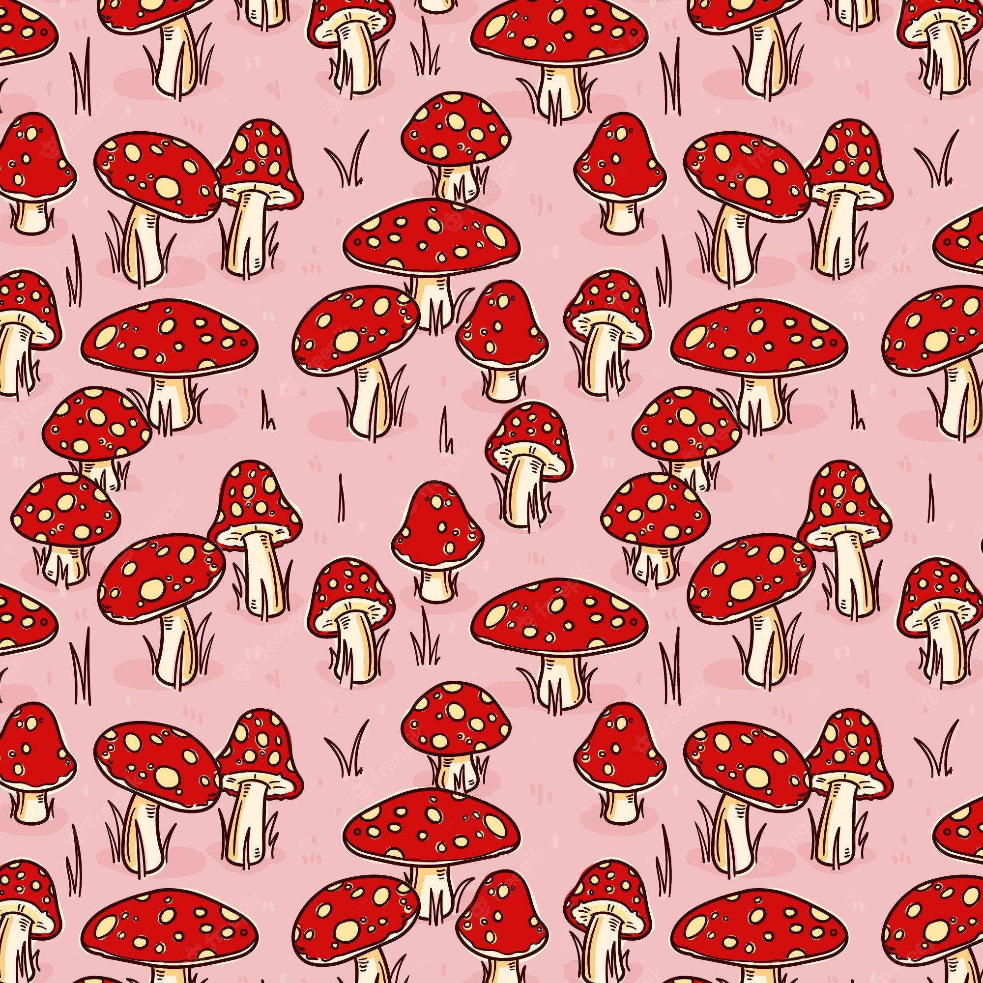 A pattern of red mushrooms with white spots on a pink background - Mushroom