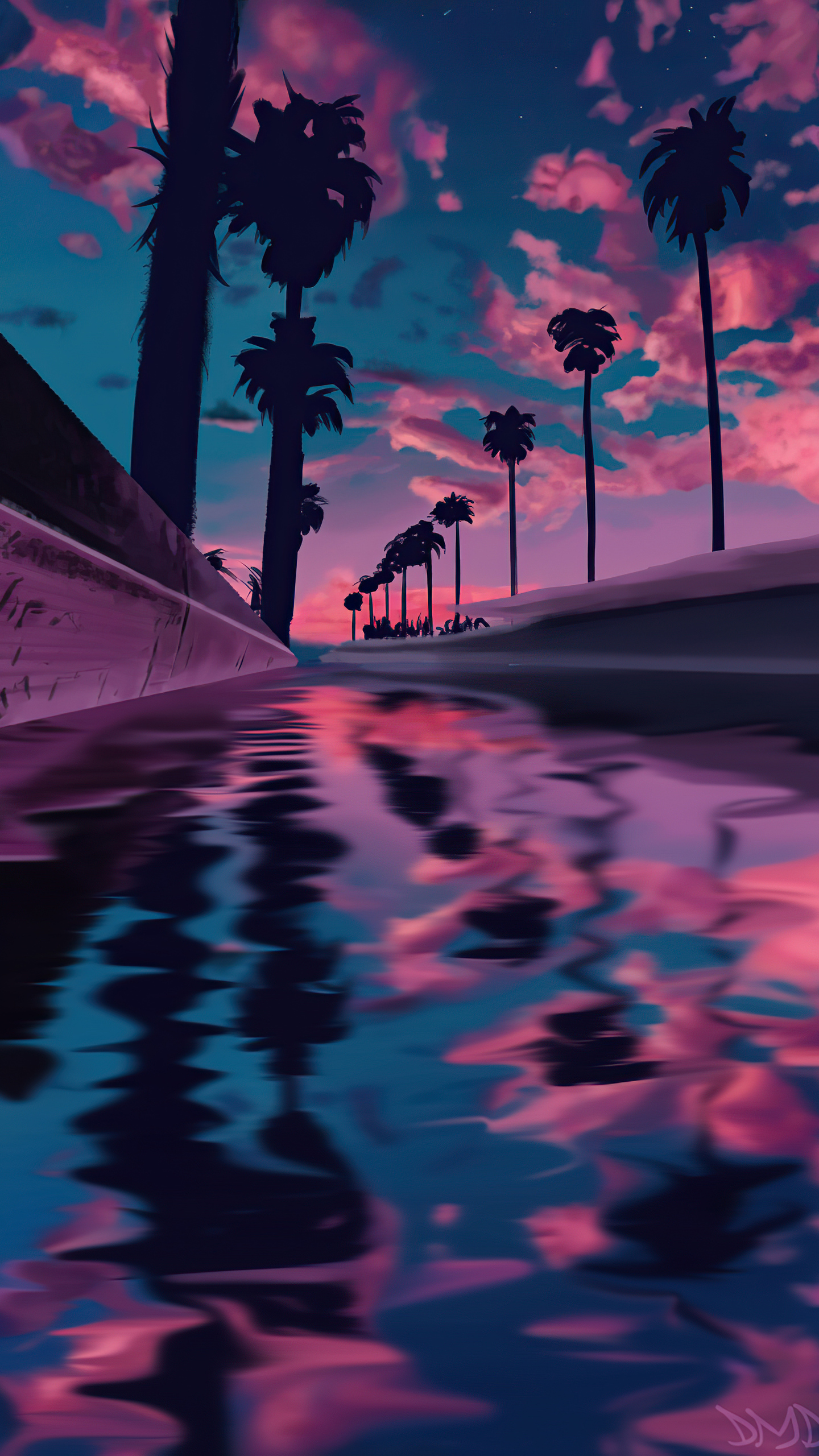 A pink and purple sunset over a body of water with palm trees. - Twilight