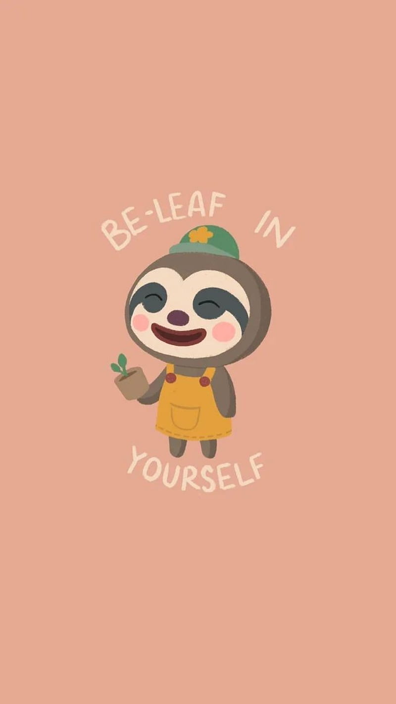 Animal crossing wallpaper, sloth holding a leaf, pink background - Animal Crossing
