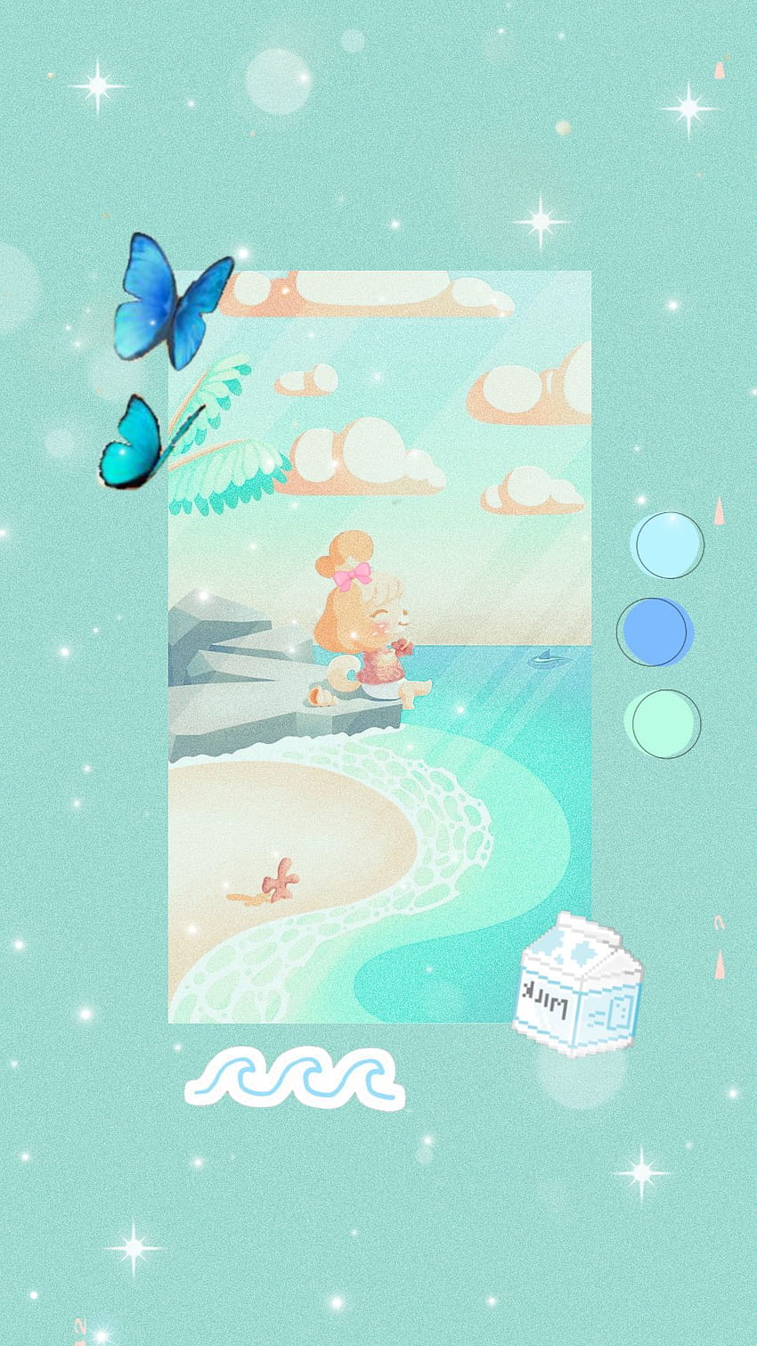 An illustration of a girl and a dog on a beach with a butterfly and a cup of tea - Animal Crossing