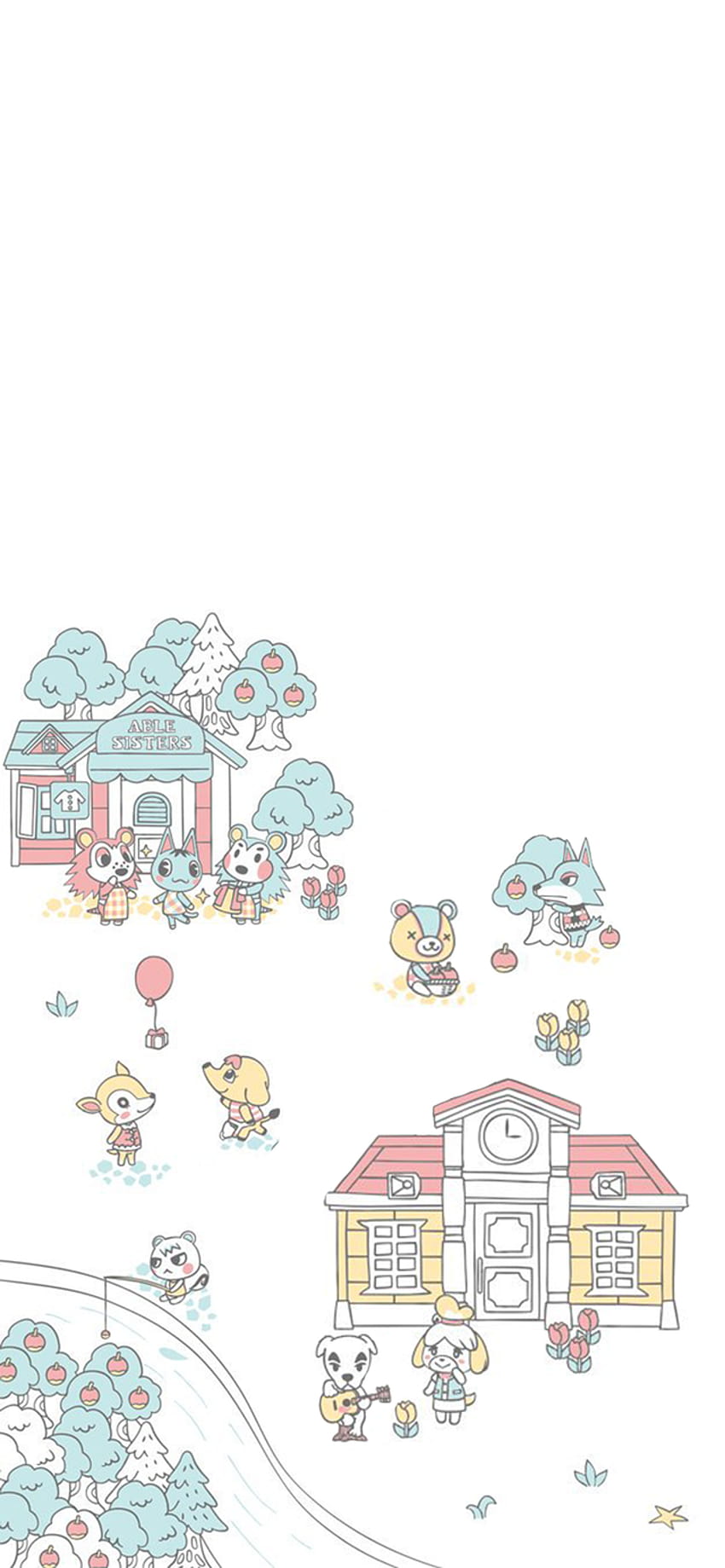 A cartoon drawing of a school with animals gathered around it - Animal Crossing