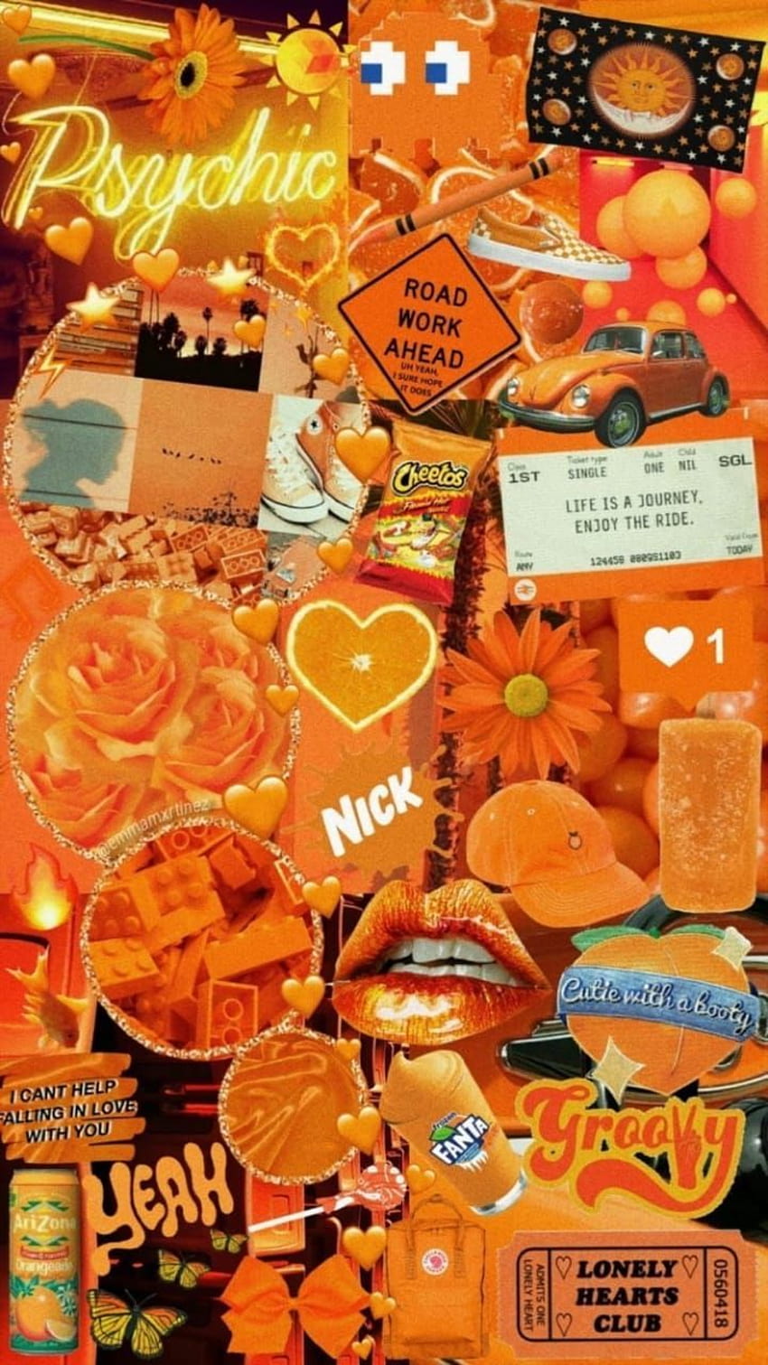 An orange aesthetic background with a variety of orange themed items such as candy, flowers, and lipsticks. - Pastel orange, orange, neon orange