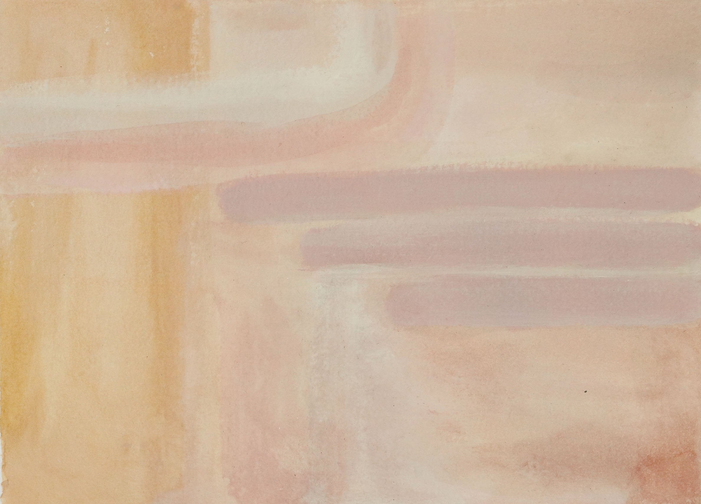 An abstract painting with horizontal brushstrokes in pink, peach, and yellow. - Pastel orange