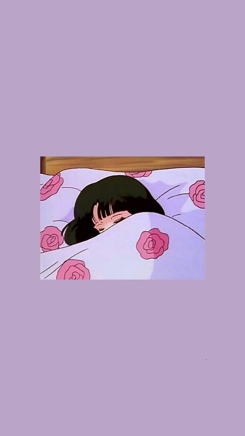 Anime girl with black hair in bed with pink roses on the blanket - 90s anime