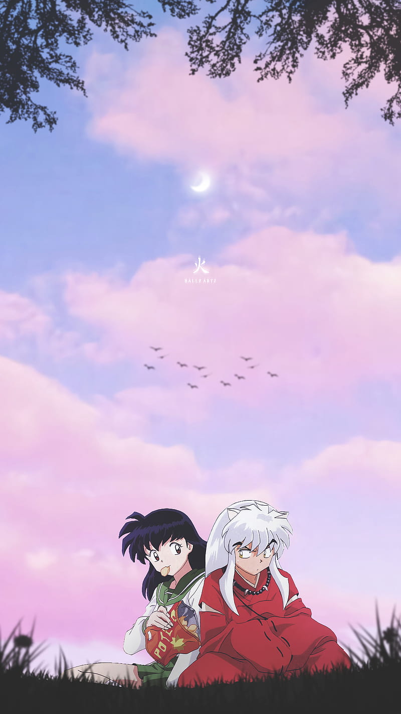Inuyasha, 90s, 90s anime, aesthetic, anime, clouds, couple, cute, pink, sky, HD phone wallpaper