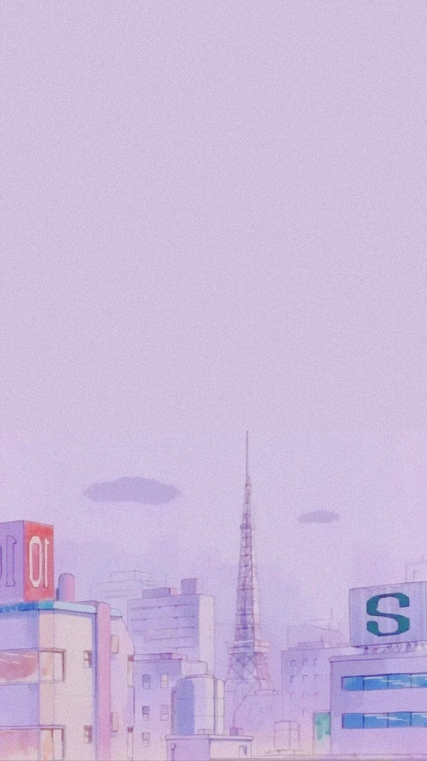 A purple cityscape with a tower in the middle - 90s anime, 90s, pastel purple