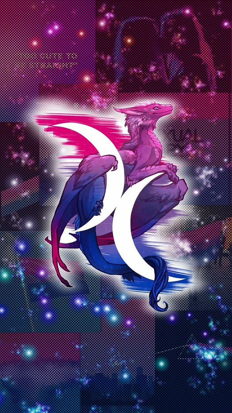 A digital drawing of a dragon sitting on a letter S, against a background of a starry sky - Bisexual