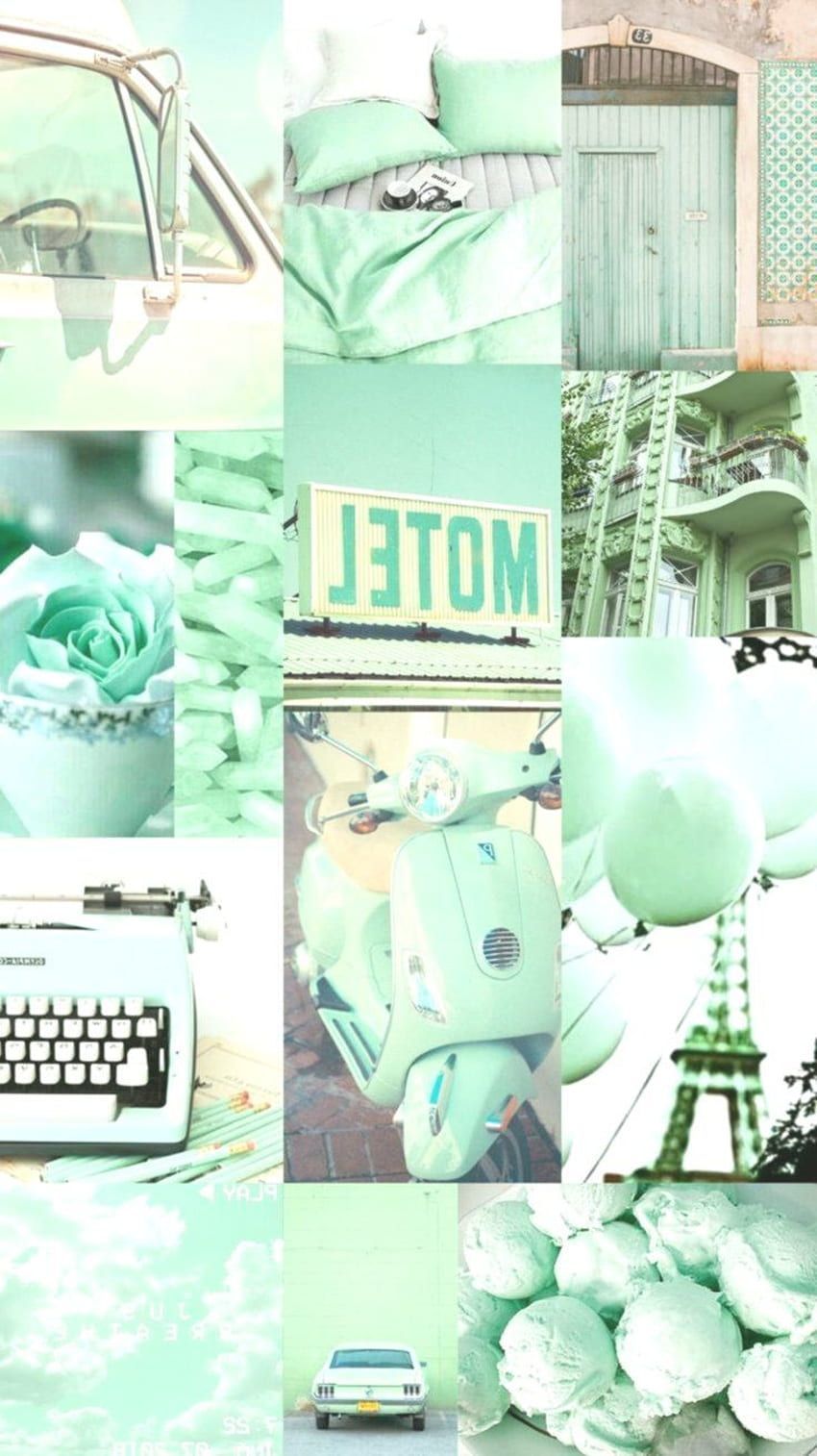 A collage of pictures with green backgrounds - Soft green, light green, mint green