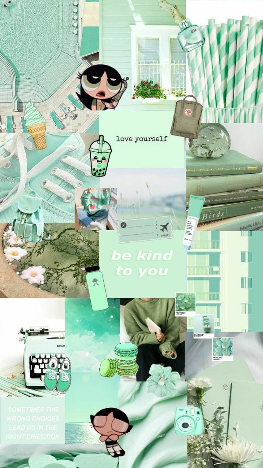 Aesthetic collage background with mint green elements - Light green, green, soft green