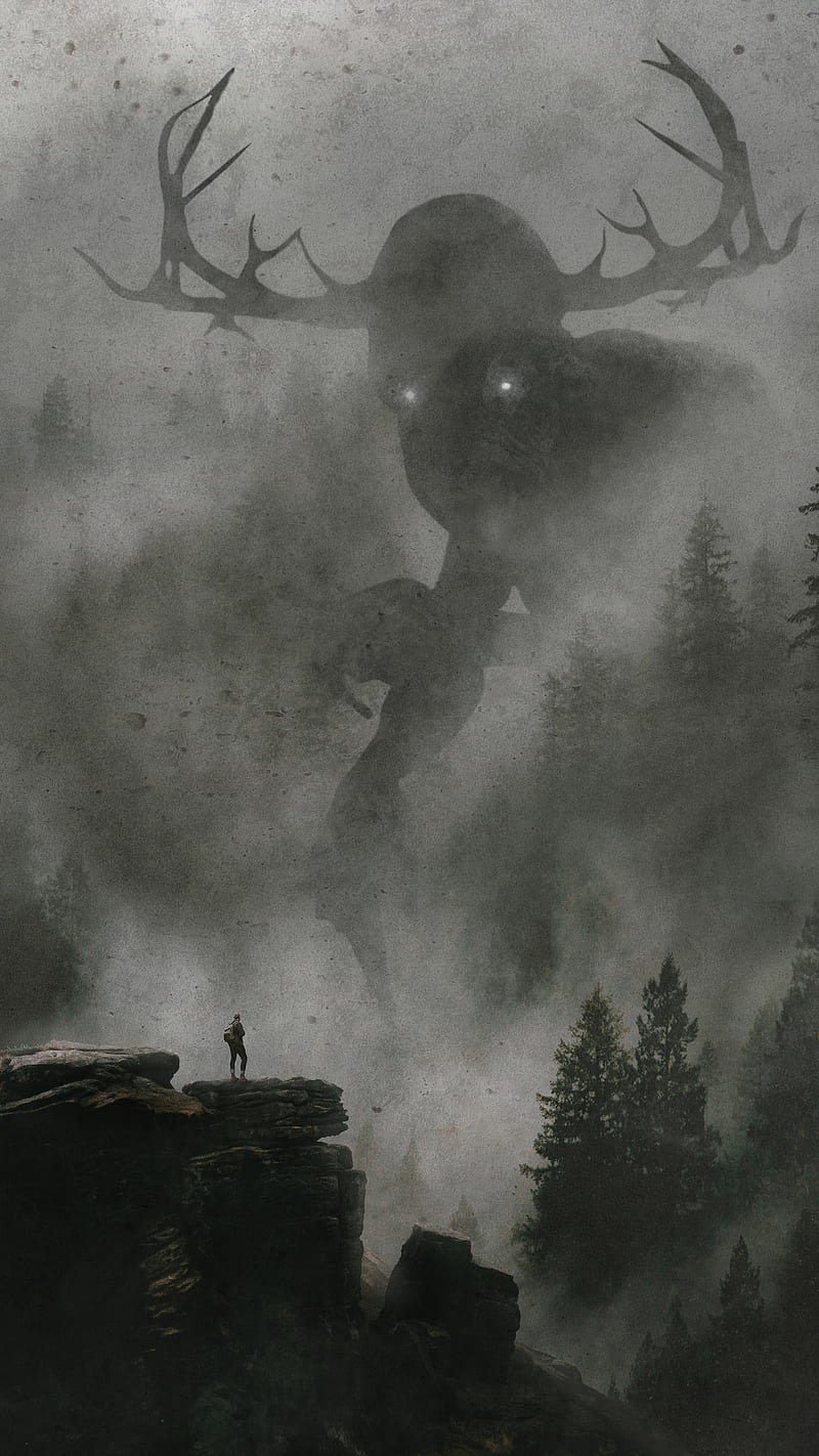 Foggy forest monster, dark, drawing, fog, gloomy, horror, nature, smoke, HD phone wallpaper