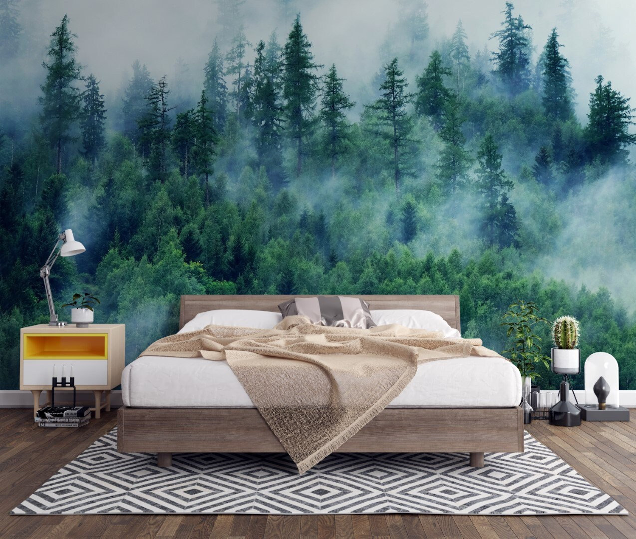 A bedroom with a forest mural on the wall. - Foggy forest