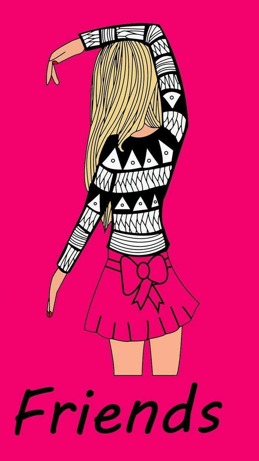 A girl in a pink skirt and black and white sweater with the word 