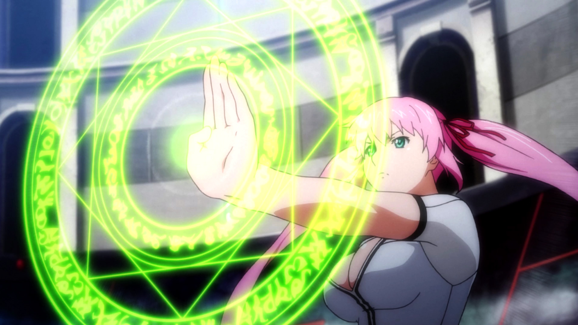 A pink-haired girl uses her magic to create a green, glowing circle - Aesthetica of a Rogue Hero