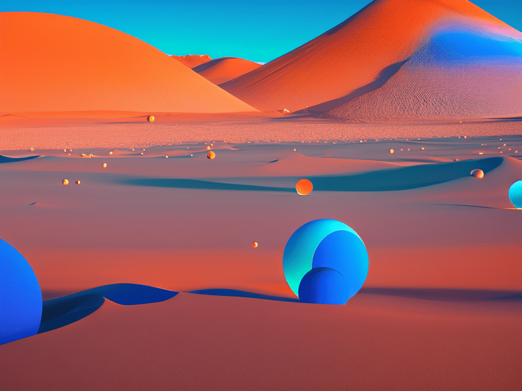A desert landscape with blue and orange spheres floating in the air. - Abstract