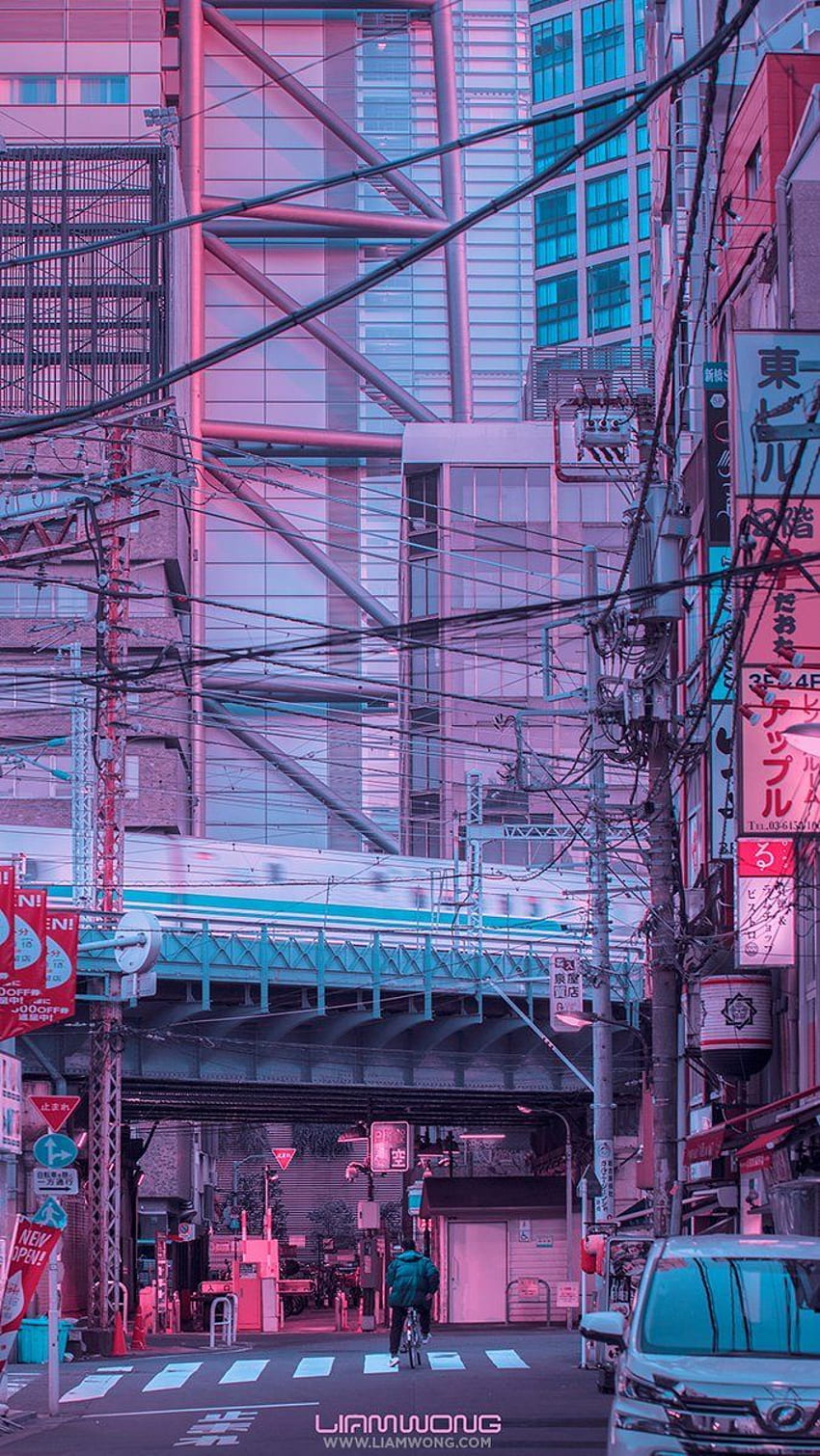 Aesthetic wallpaper of a train passing through a city in Japan - Anime city, rain, Tokyo