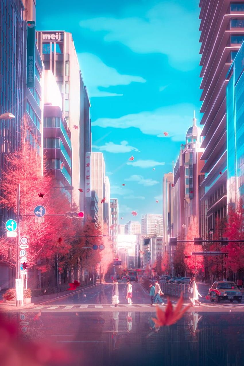A city street with tall buildings and pink trees - Anime city