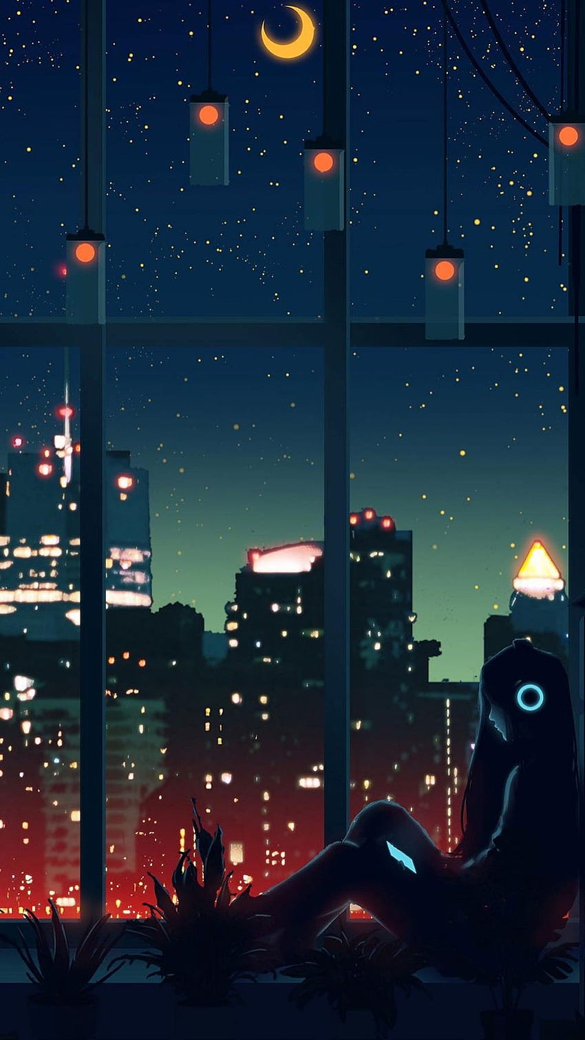 A person sitting in front of windows with city lights - Anime city