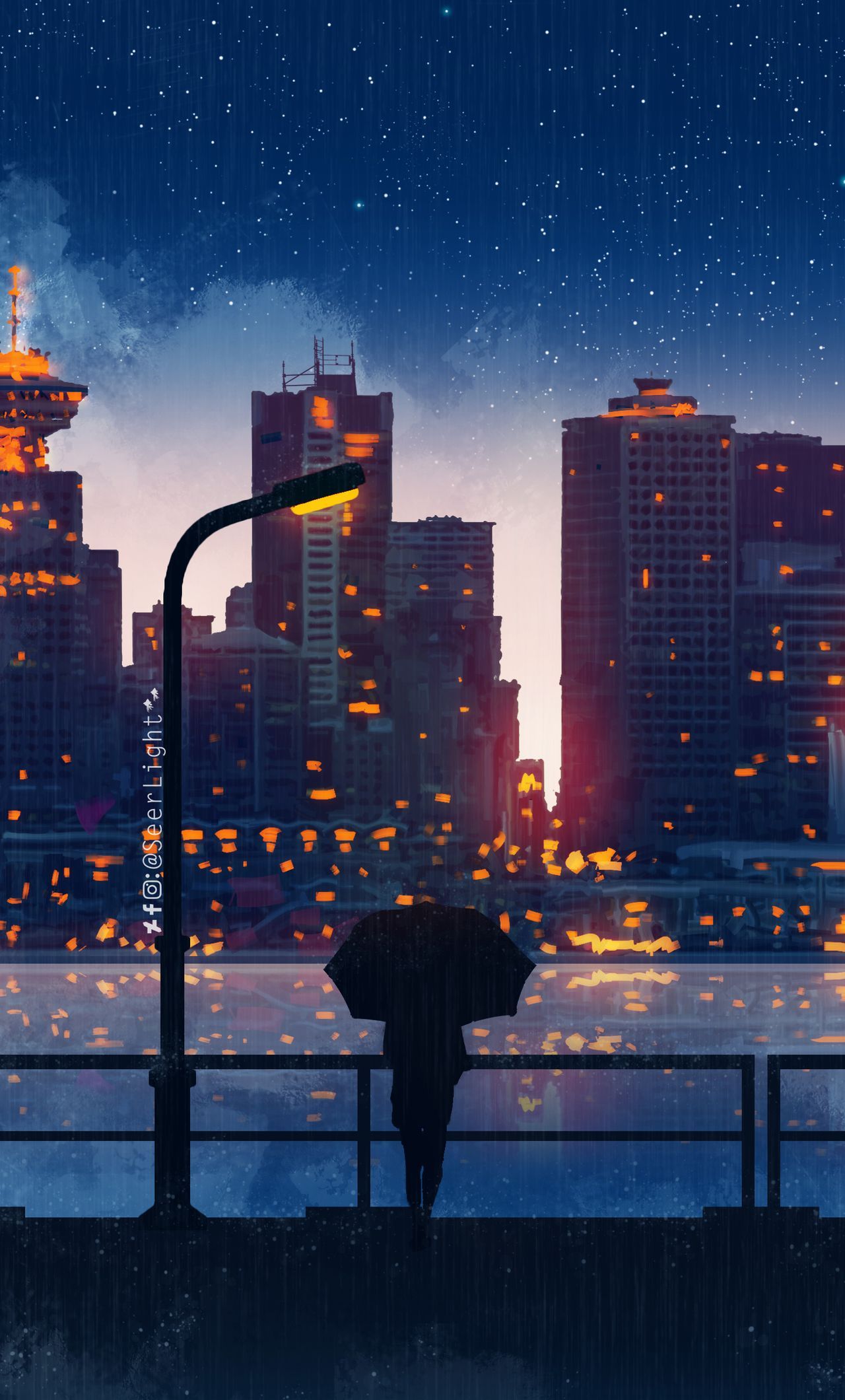 A person standing on the sidewalk looking at city lights - Anime city
