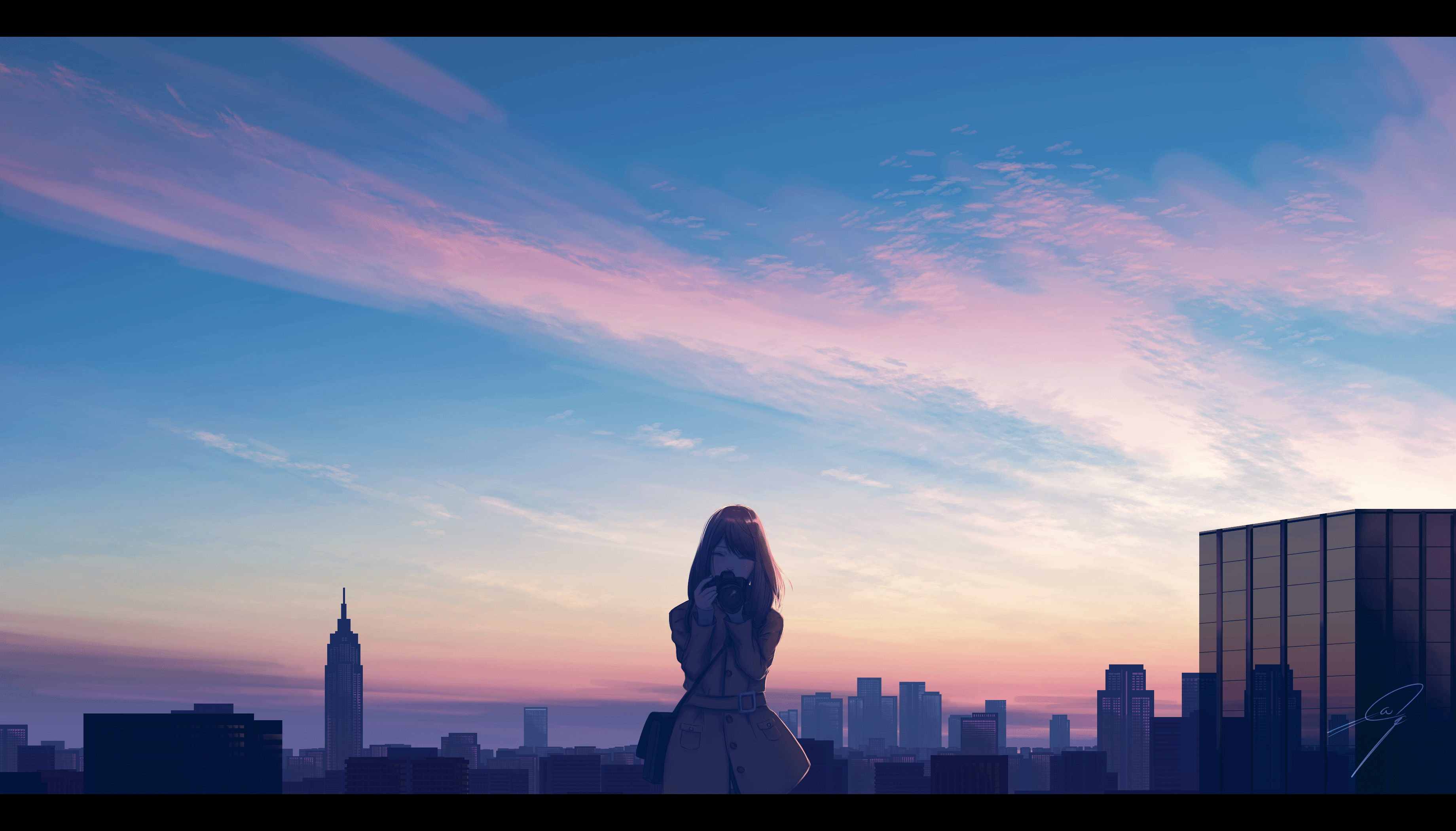 A woman standing on a rooftop looking out at the city - Anime city