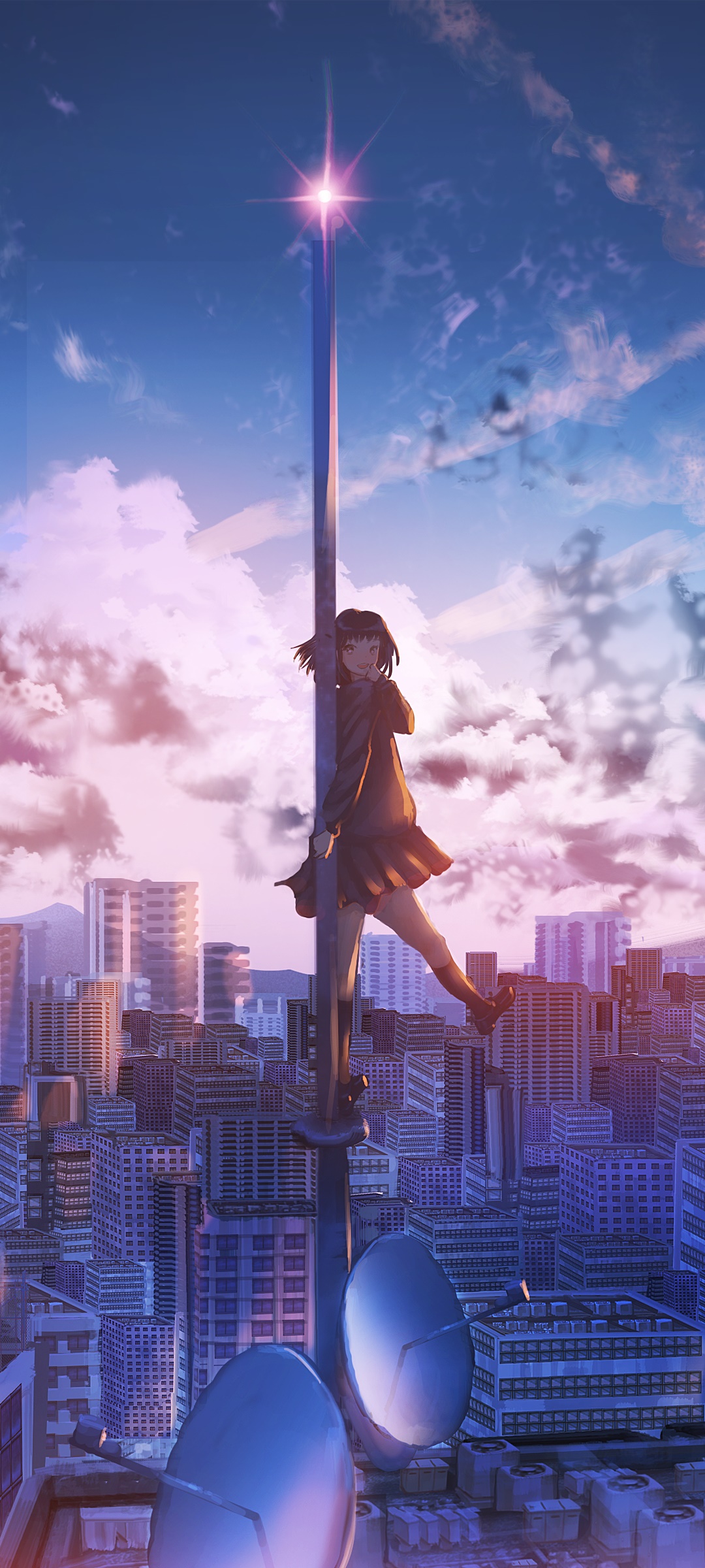 A woman is hanging from the top of an antenna - Anime city