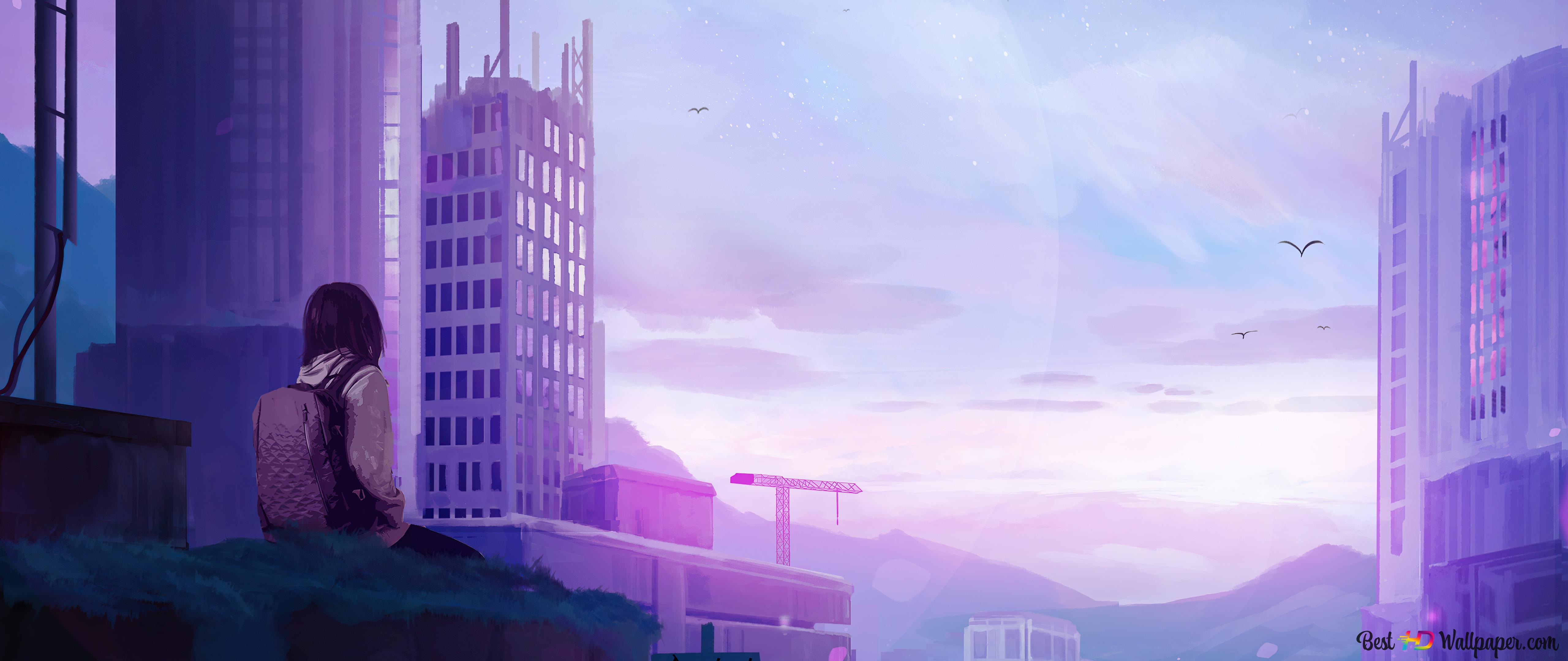 A girl looking at the city from a rooftop - Anime city