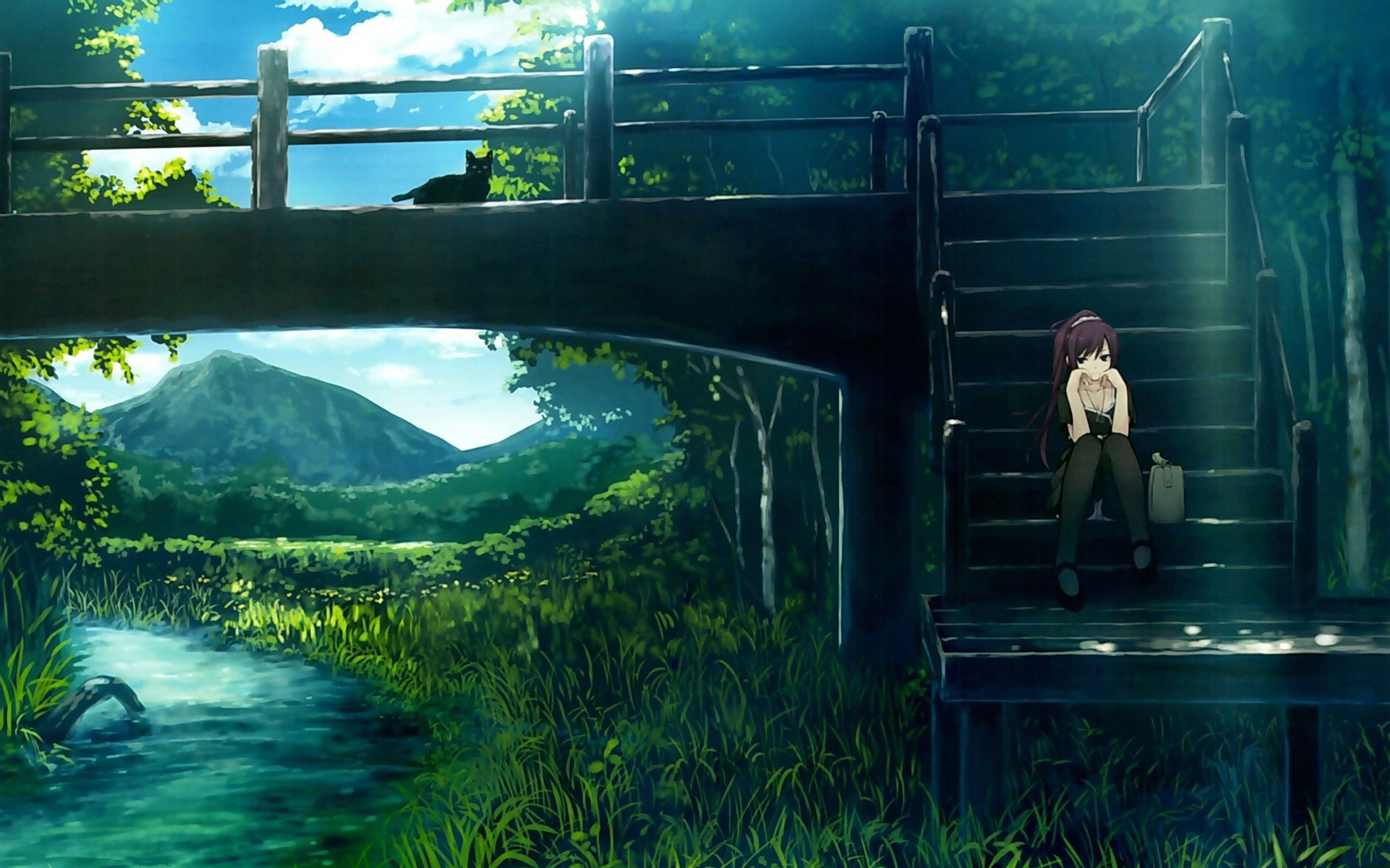 A painting of two people standing on the bridge - Anime landscape, nature