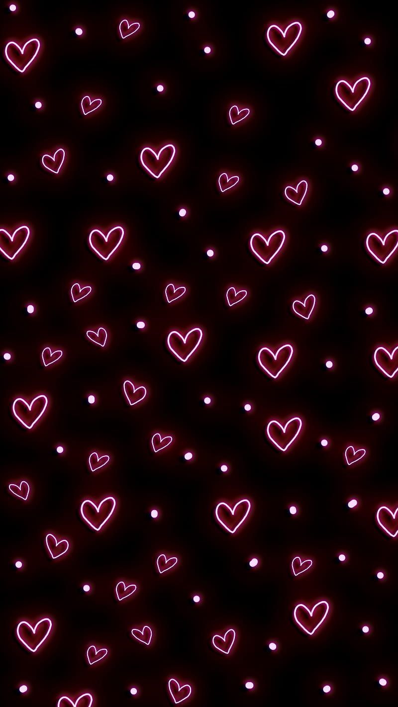 Aesthetic wallpaper with neon hearts on a black background - Pink heart
