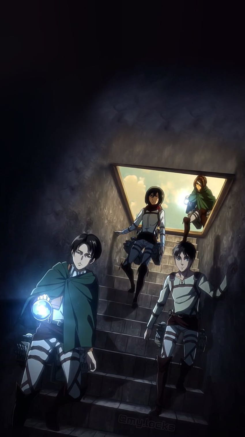 Eren, Mikasa, and their fellow Recon Corps members stand on a stairway, preparing to descend into the bowels of the Wall. - Attack On Titan