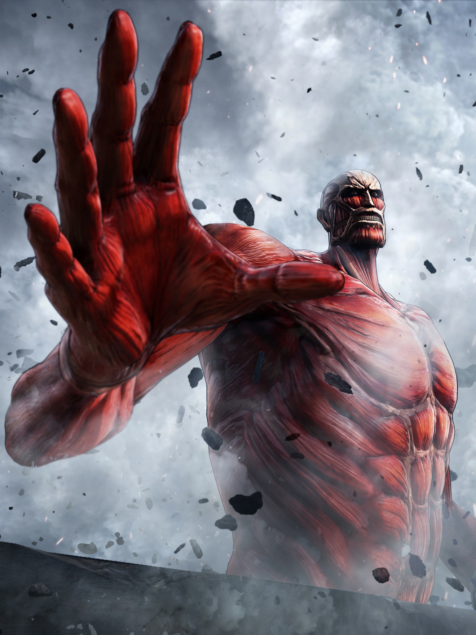 A Colossal Titan with its arm raised, about to squash a city. - Attack On Titan