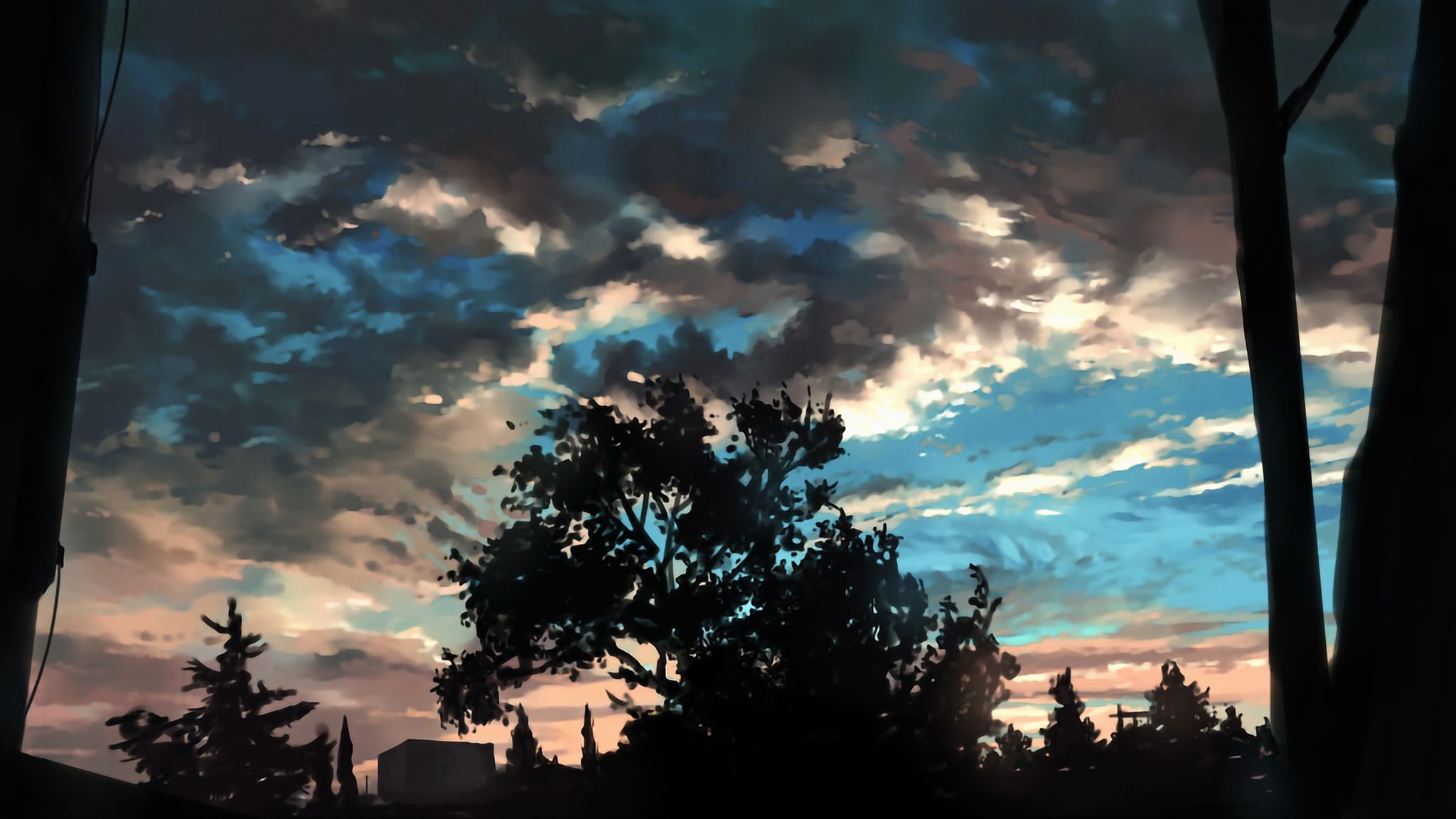 Sky Overcast Blue Silhouette Trees Dusk Wallpaper:2048x1152