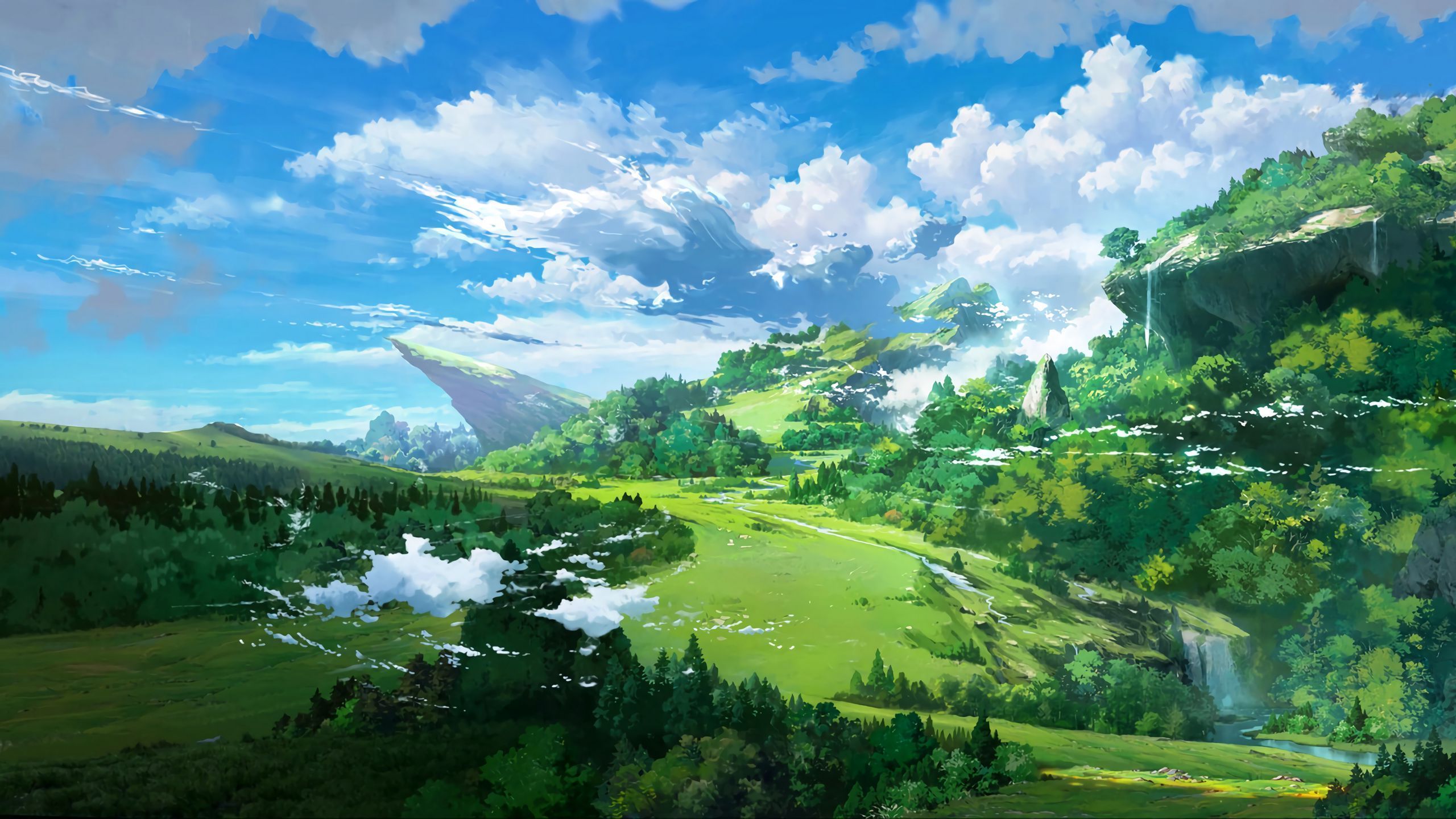 Download 1920x1080 anime, landscape, sky, clouds, waterfall, meadow, trees, grass, ... - 2560x1440