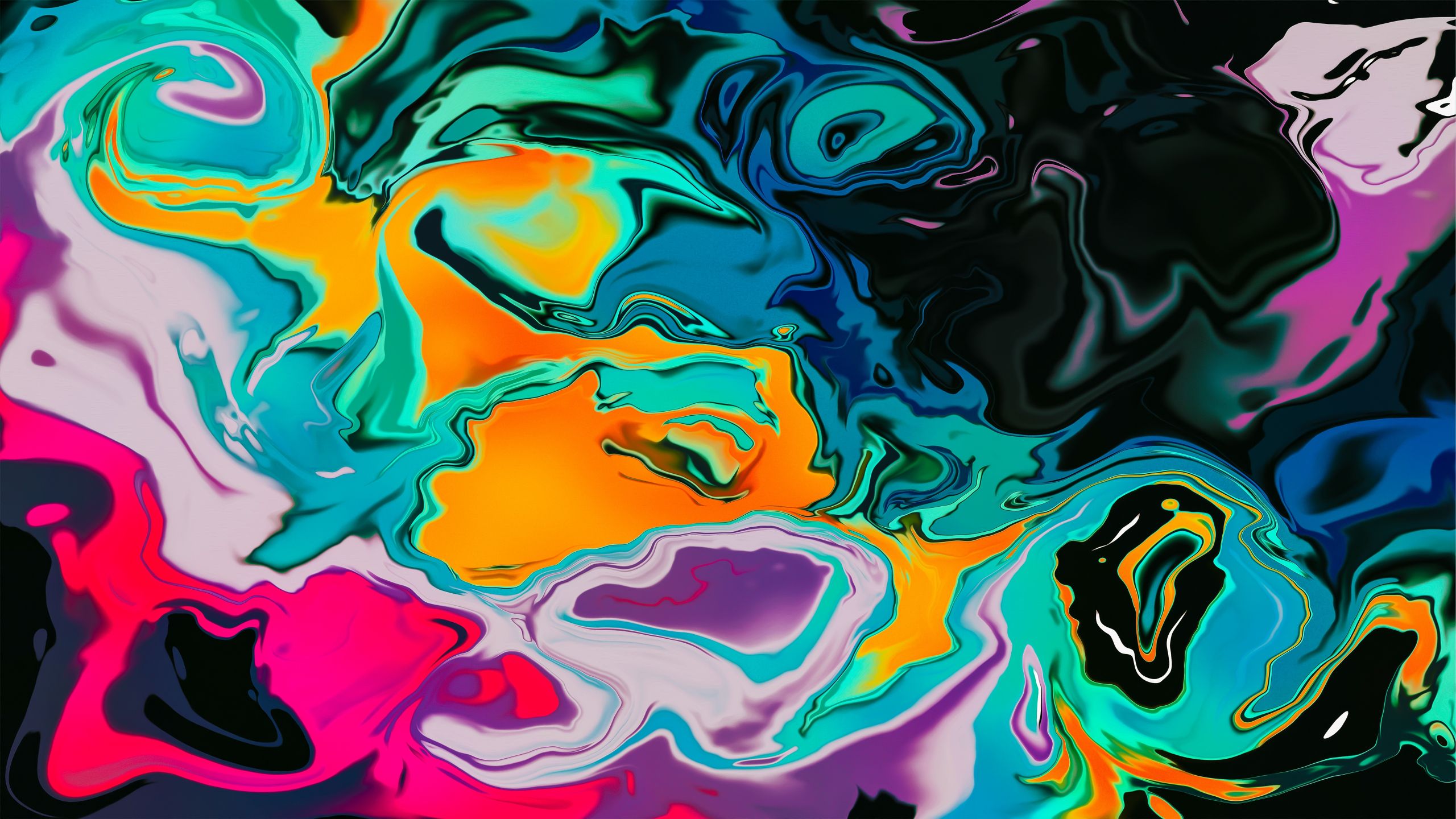 A colorful abstract painting with swirling colors of blue, green, pink, and purple. - 2560x1440