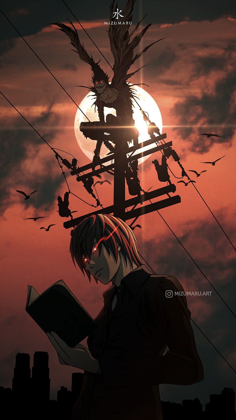 Death Note anime wallpaper featuring Light Yagami reading a book with Ryuk the shinigami above him. - Death Note
