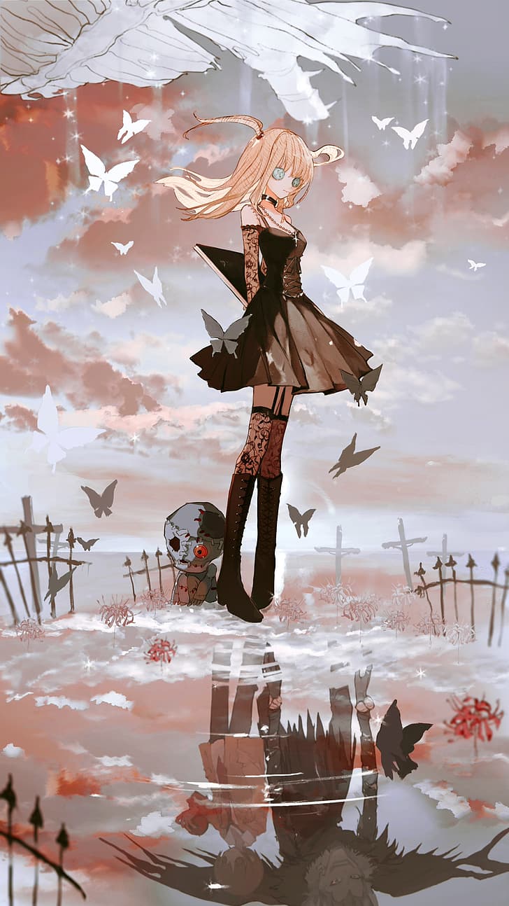 A girl standing in the water with birds flying around her - Death Note