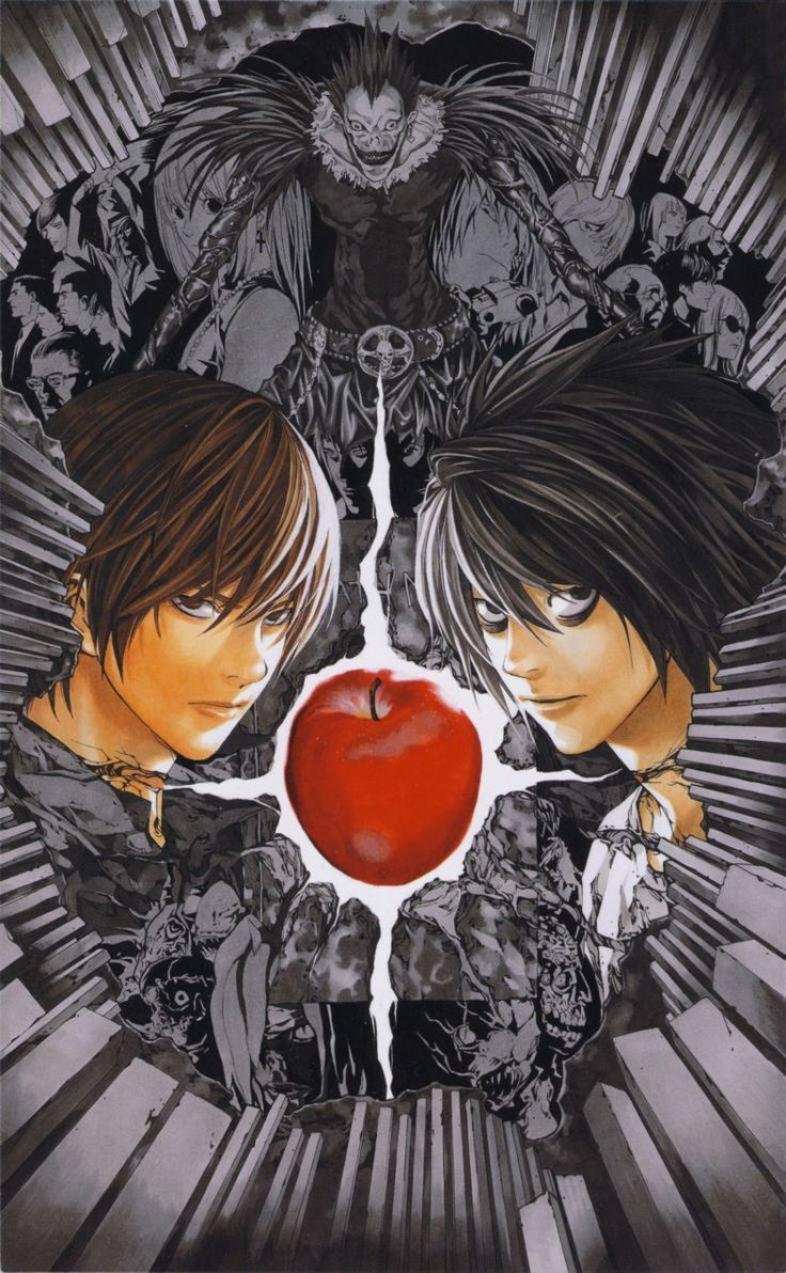 Death Note poster with Light and L looking at the apple in the middle - Death Note