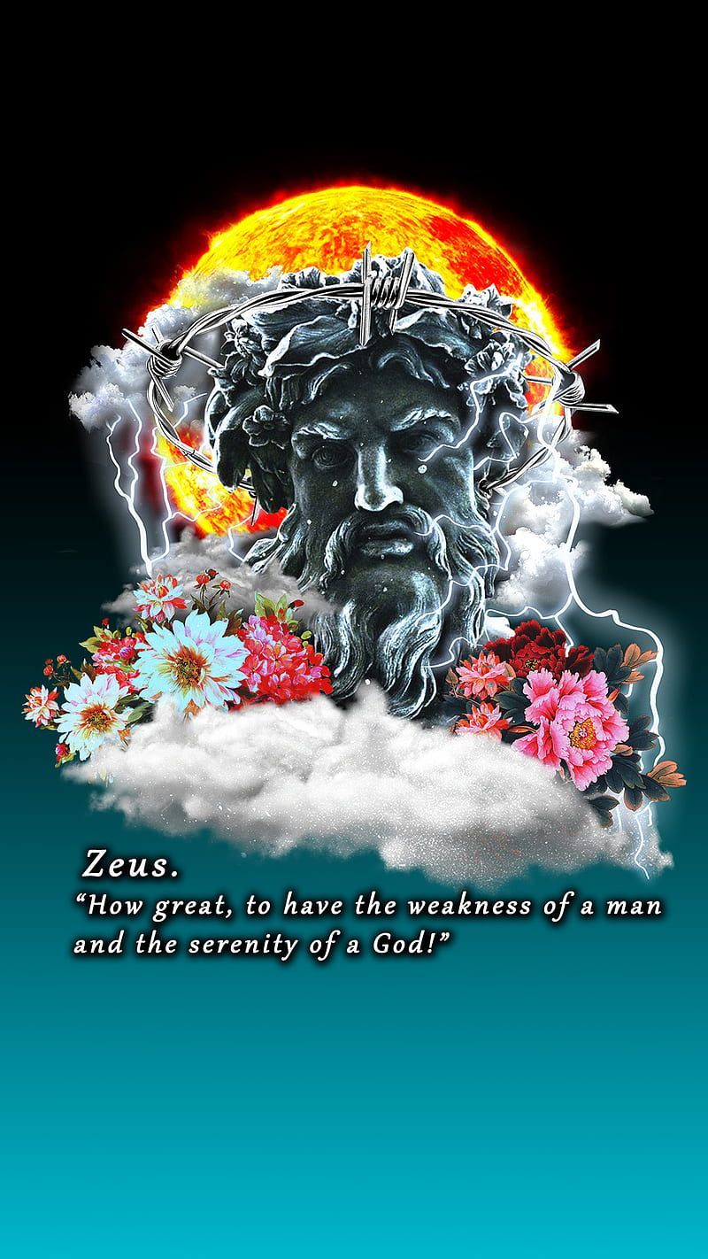 Zeus the Greek God, clouds, flowers, god, greek god, lightning, rays, sculpture, HD phone wallpaper