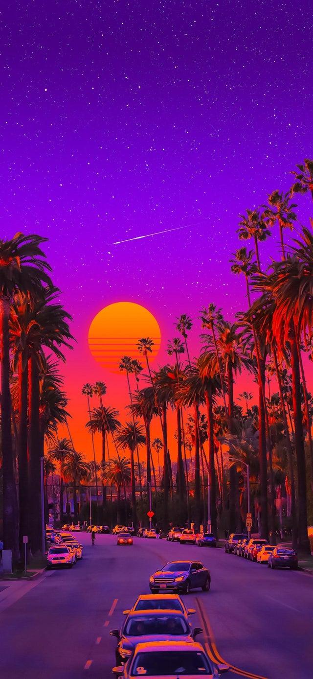 A sunset scene with palm trees and cars - California