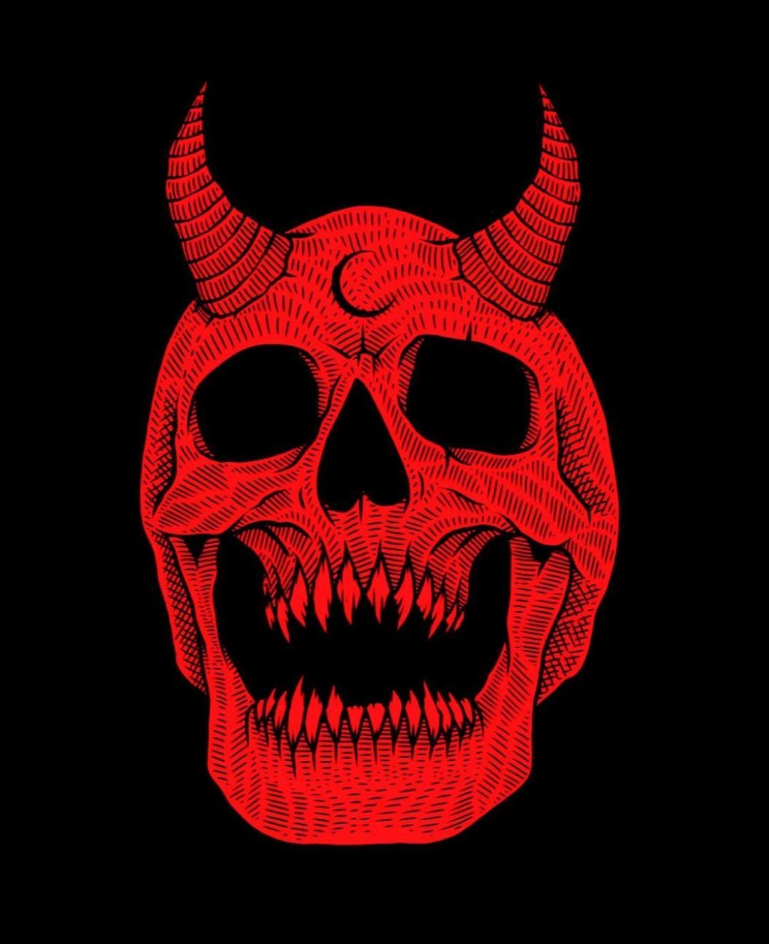 Red skull with horns and fangs on a black background - Skeleton, skull