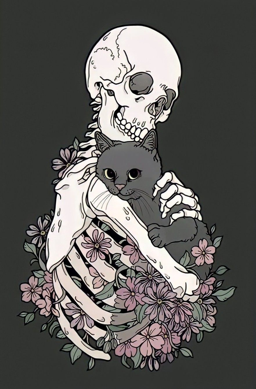 A skeleton holding flowers and cats - Skull, cat
