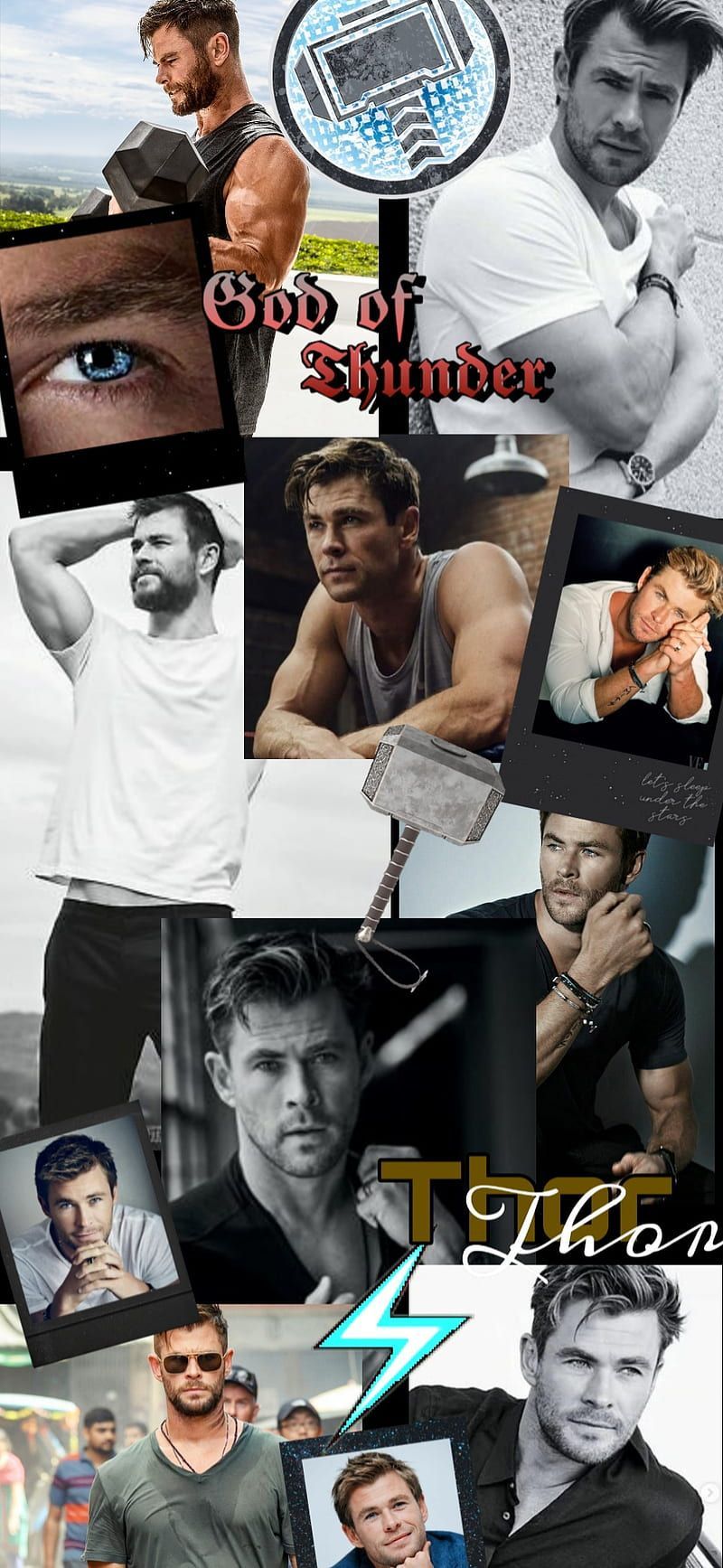 A collage of pictures with the same person in them - Thor