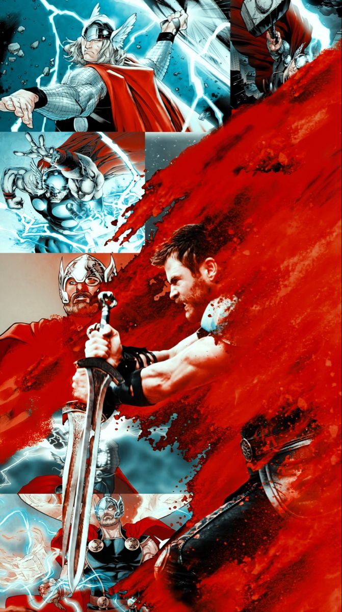 A collage of Thor images with a red and blue color scheme, featuring Thor wielding his hammer, Mjolnir, and surrounded by other Avengers characters. The image is set against a backdrop of lightning bolts and thunder. - Thor