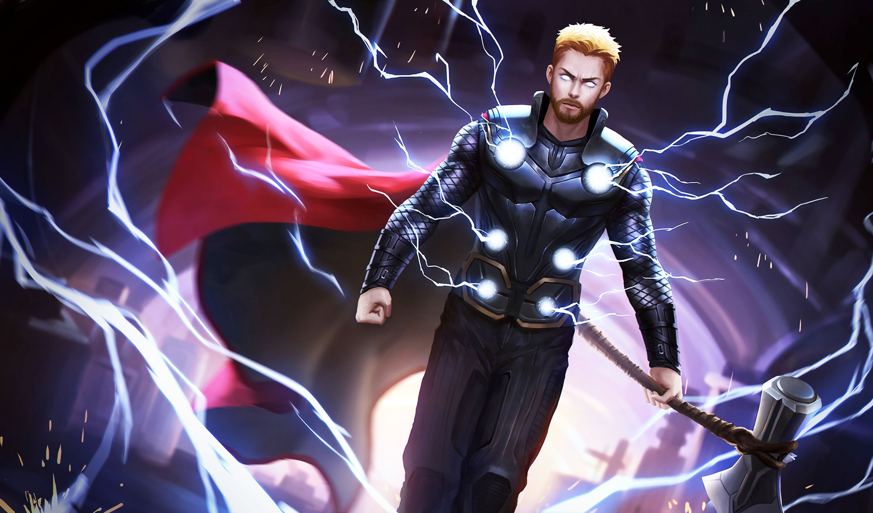 Thor, the mighty Avenger, stands with his hammer, Mjolnir, surrounded by lightning. - Thor