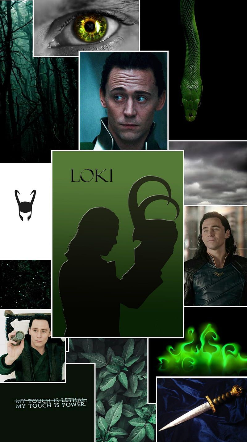 A collage of images of Tom Hiddleston as Loki, with a green eye, a green snake, and green leaves. - Thor, Loki